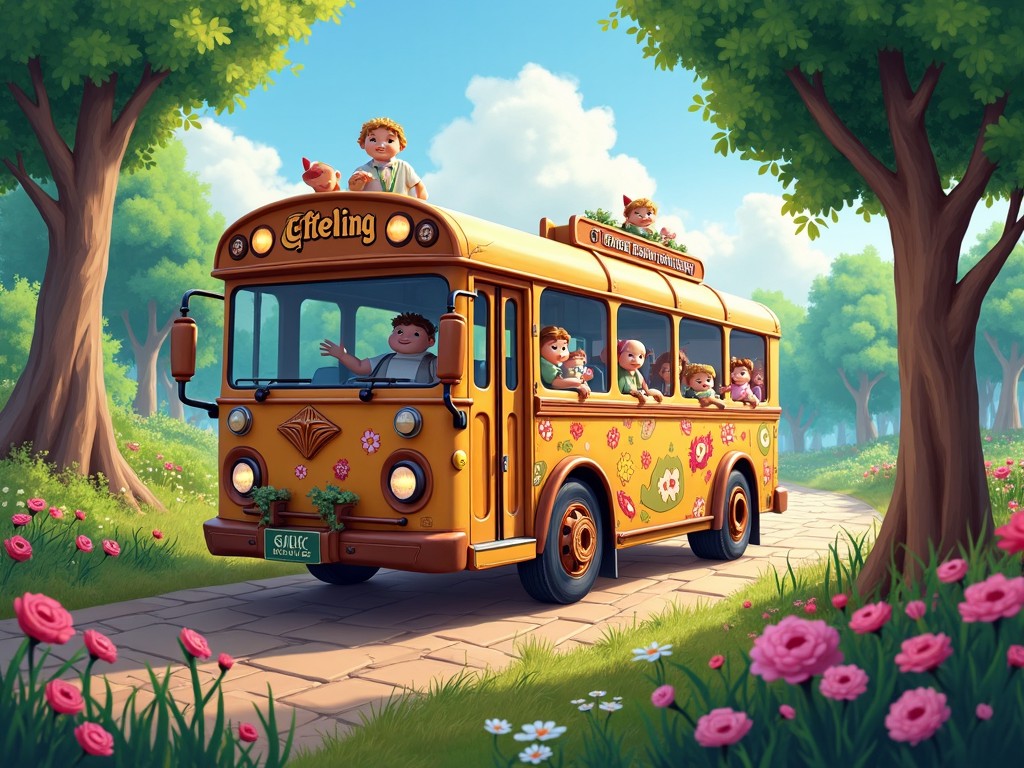 The image depicts a bright yellow bus traveling down a path lined with trees and flowers. Children are joyfully peeking out of the bus windows, with some sitting on the roof. The atmosphere is cheerful and playful, suggesting a fun day out. The scene is bathed in warm sunlight, enhancing the vibrant colors of the surroundings. A picturesque setting invites viewers to imagine a journey full of laughter and adventure.