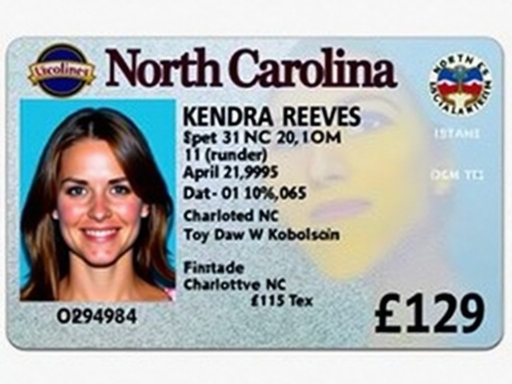 This image features a North Carolina driver's license. The license displays the name 'Kendra Reeves' prominently. It indicates that Kendra is 29 years old, with a date of birth listed as April 21, 1995. The state of issuance is North Carolina, specifically from Charlotte. This driver's license is an essential form of identification in the U.S.