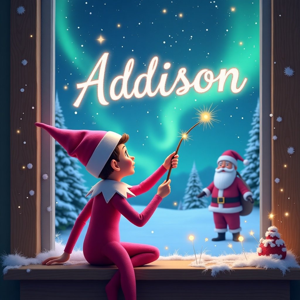 A playful scene depicting a pink elf sitting on a window ledge, with their back toward the viewer. The elf is facing a beautiful sky filled with northern lights, using a wand to write the name 'Addison' in sparkling letters. In the background, a whimsical Santa Claus can be seen, complementing the magical Christmas theme. The window setting features snow-covered trees outside, creating a winter wonderland atmosphere. The elf's attire and the glowing sky contribute to the enchanting holiday scene.