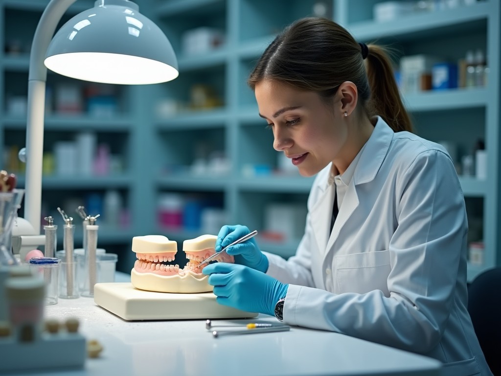 A young dental professional is focused on her work in a well-lit laboratory. She is wearing a white lab coat and blue gloves, carefully applying a dental tool to a model of human teeth. The scene is organized with various dental instruments and products arranged neatly on the table. The background features shelves filled with dental supplies, contributing to the clinical atmosphere. This setting emphasizes the importance of attention to detail in dental education and practice.