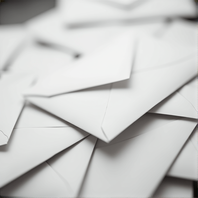 A close-up of numerous white envelopes arranged in a scattered pile.