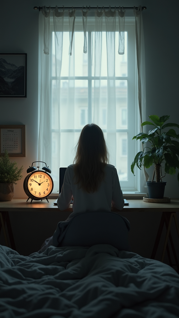 A person sits at a desk in a dimly lit room, facing a window with a clock and plants nearby.