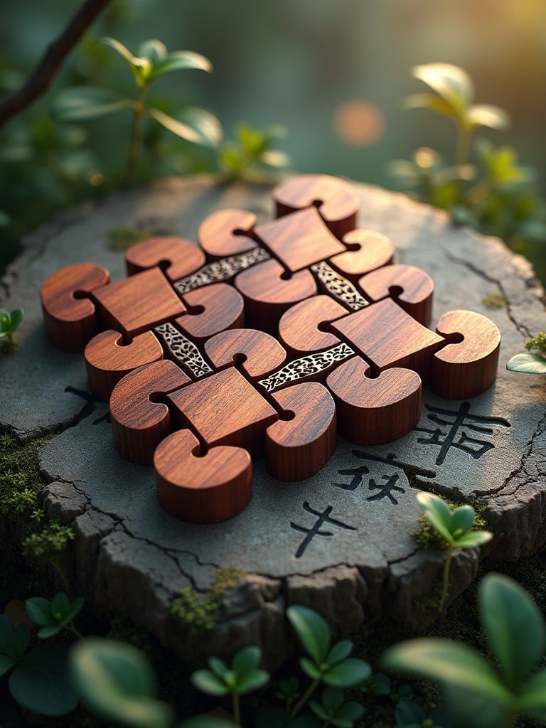 Tangled pieces from exotic woods arranged on stone tablet. Carvings feature flowers and leaves. Surrounded by dense green plants. Soft golden light adds a mystical aura. Image captures exquisite detail and textures.