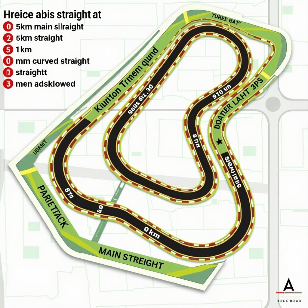 Image shows a layout of a race track. Track has three straights: 5 km main straight 1 km straight 0.7 km curved straight. Includes 11 turns designed for counter-clockwise racing. Vibrant colors mark different sections. Emphasizes straights and challenging turns suitable for competitive racing events.