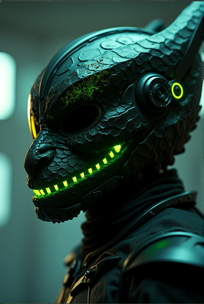 A futuristic helmet with reptile-like scales and glowing neon elements, creating a high-tech, cybernetic appearance.