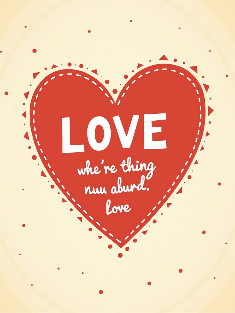 Image features a red heart centered with decorative border. Inside heart, bold 'LOVE' text stands out. Below in playful font, text reads 'whe’re thing nuu aburd. Love'. Background has beige texture with small shapes for vintage feel.