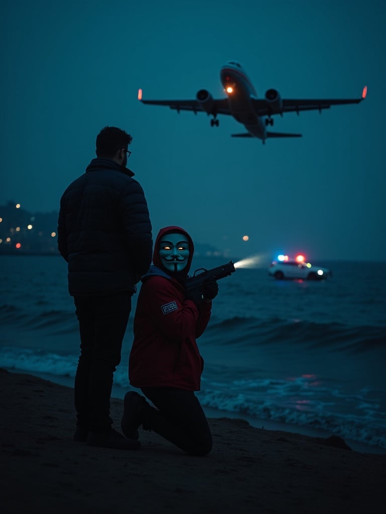 Night scene at the beach features a man with a gun aiming. Police car with flashing lights approaches. Airplane descends from the sky. Dark blue water and sandy shore. Ideal for themes of crime and law enforcement.