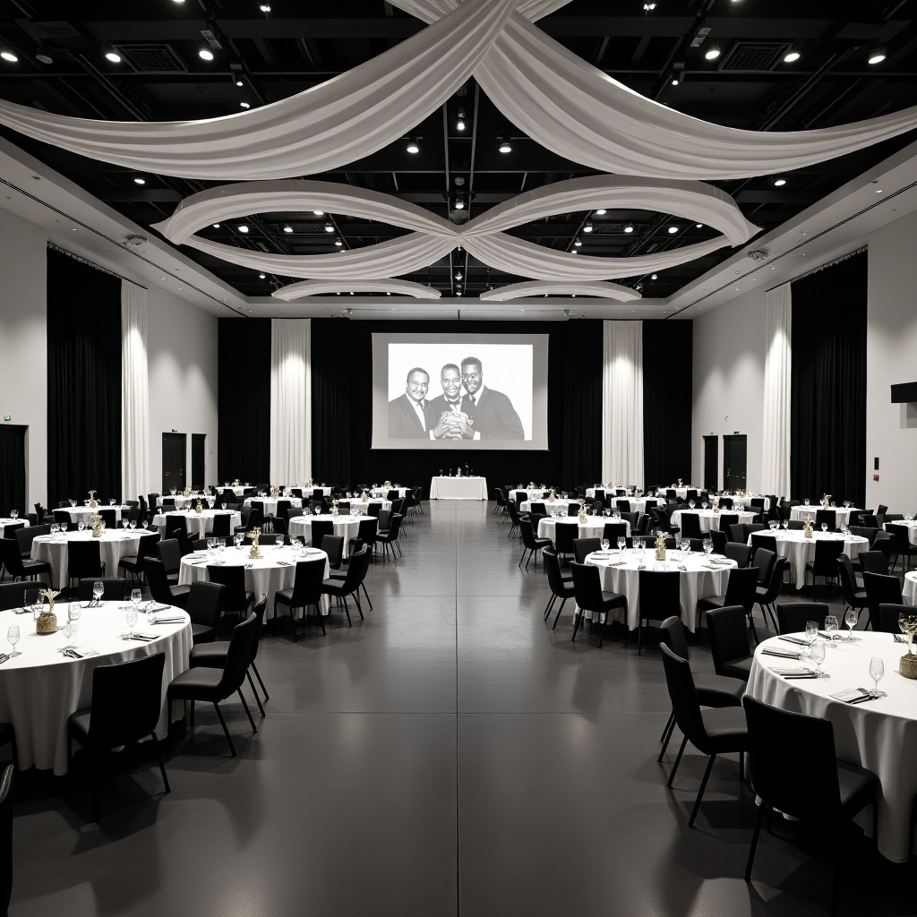 The image depicts a spacious banquet room measuring approximately 200 feet by 200 feet. Elegant black and white drapes hang from the ceiling, contributing to a sophisticated atmosphere. Large, striking floor-to-ceiling black and white photos of African American graduates grace the walls, showcasing their achievements. Round tables with white tablecloths are arranged throughout the room, each set for dining. Bright lighting enhances the elegance and openness of the space, making it ideal for formal events.