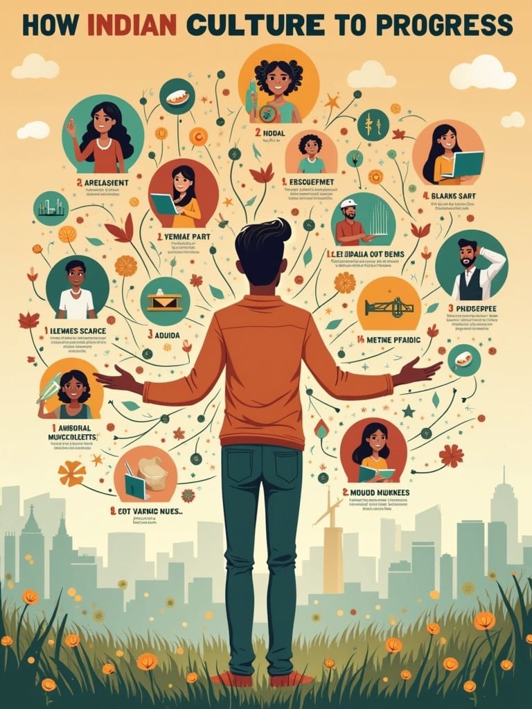 Infographic illustrating the connection between Indian culture and progress. Individual standing with arms open. Various cultural elements surrounding. Each element connected to a field of progress. Vibrant colors used.