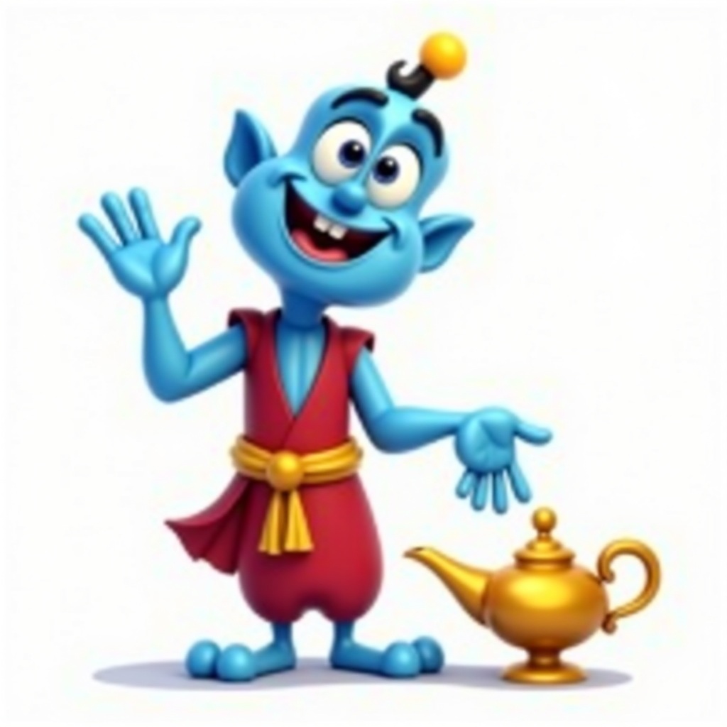 Cartoon character depicted as a blue genie. Cheerful expression with large round eyes and a friendly smile. Dressed in a red vest and yellow belt. One hand raised in a welcoming gesture, other hand open. Golden lamp beside him. No background to emphasize character and lamp.