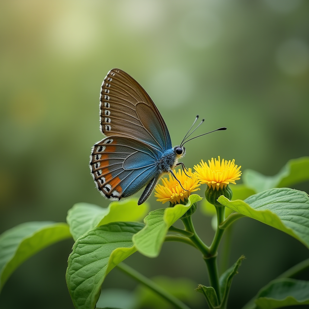 The image displays a beautifully detailed butterfly perched on a bright yellow flower. The butterfly has striking blue wings with brown and orange accents near the edges, and delicate black and white patterns. The scene is set against a softly blurred green background, which adds focus to the butterfly and the vibrant flower it rests upon. The overall atmosphere is calm and serene, capturing a moment of natural beauty.