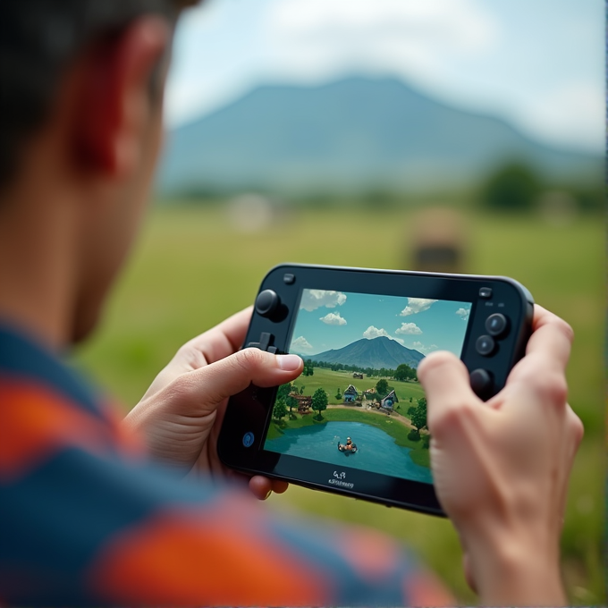 A person plays a landscape simulation game on a handheld console while standing in a grassy field with a distant mountain view.