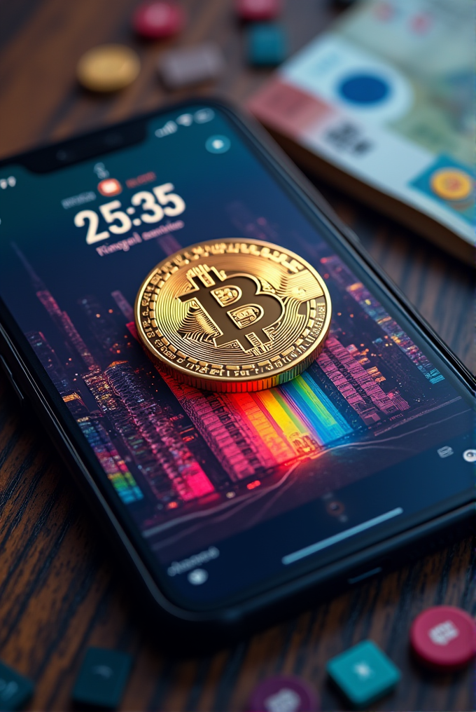 A shiny Bitcoin coin rests on a smartphone displaying a neon-lit cityscape, surrounded by colorful digital tokens and ethnic currency on a wooden surface.