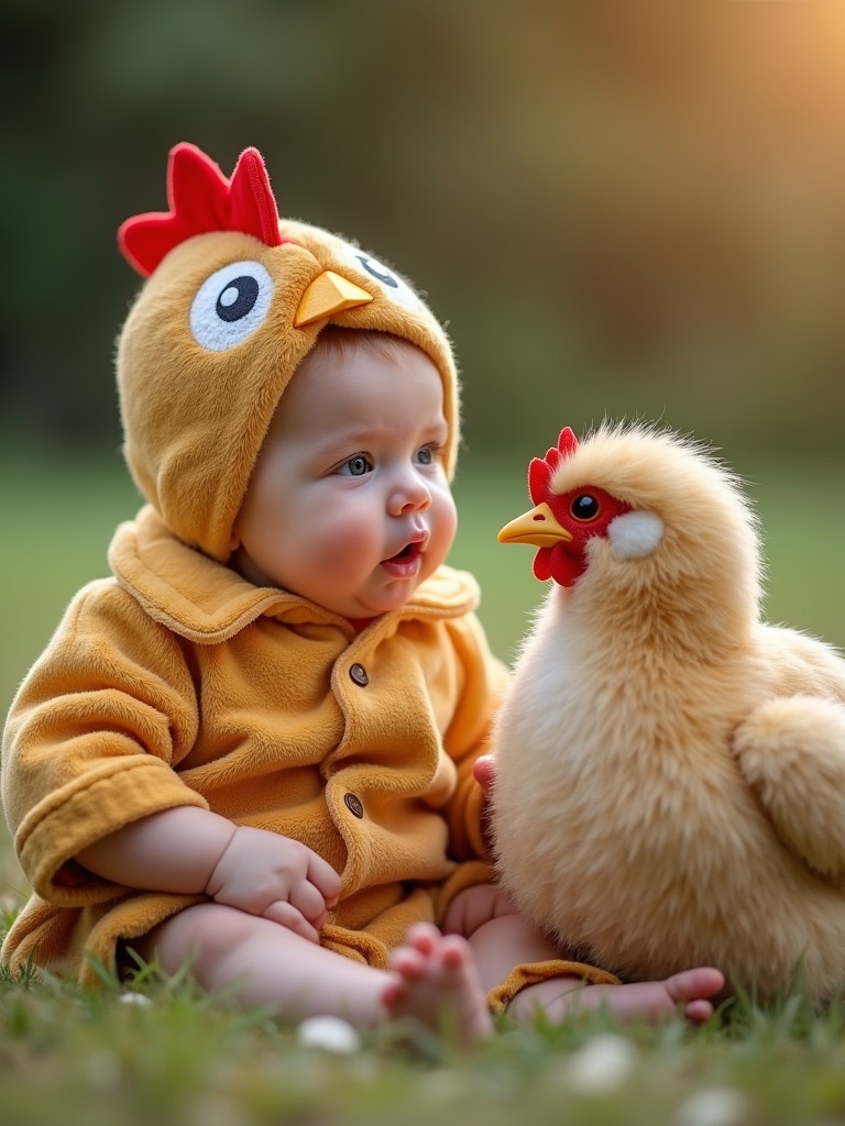 A baby dressed in a fluffy yellow hen costume sits on the grass next to a soft hen toy. The baby looks at the hen with curiosity. The outdoor setting is cozy and inviting. Natural light softly illuminates the scene making it cheerful and warm.