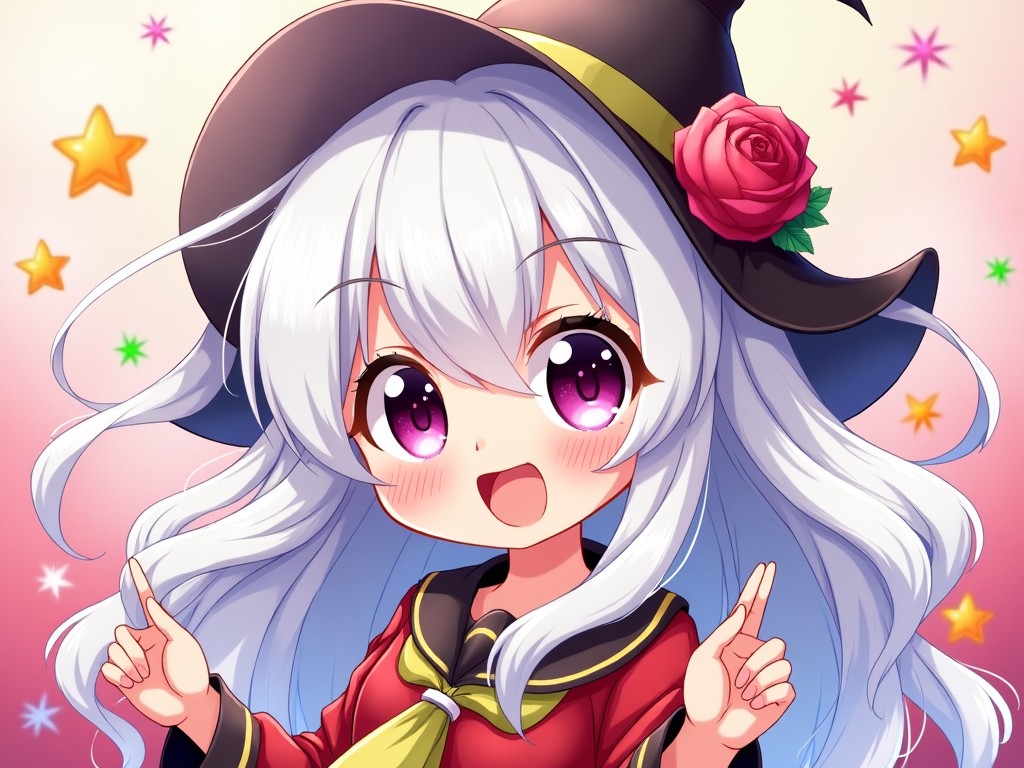 This image features a cute anime girl with striking white hair styled in a playful manner. She wears a vibrant red outfit paired with a black witch's hat, adorned with a pink rose. Her large, expressive eyes are a captivating shade of purple, bringing a cheerful and lively vibe. There are colorful stars and sparkles in the background, enhancing the magical atmosphere of the image. The character is posed with an excited gesture, indicating joy and friendliness, perfect for fans of kawaii and fantasy themes.