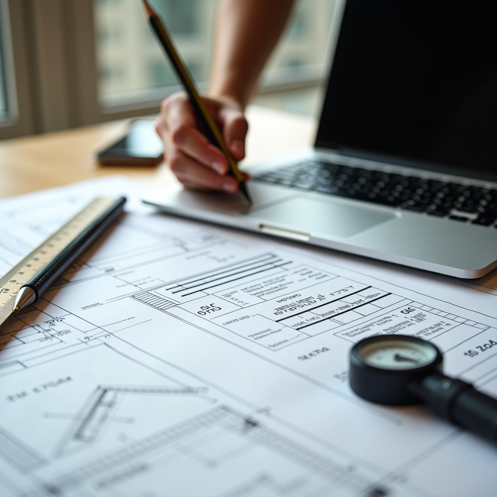 A person is working on architectural plans alongside a laptop, ruler, and magnifying glass on a desk.