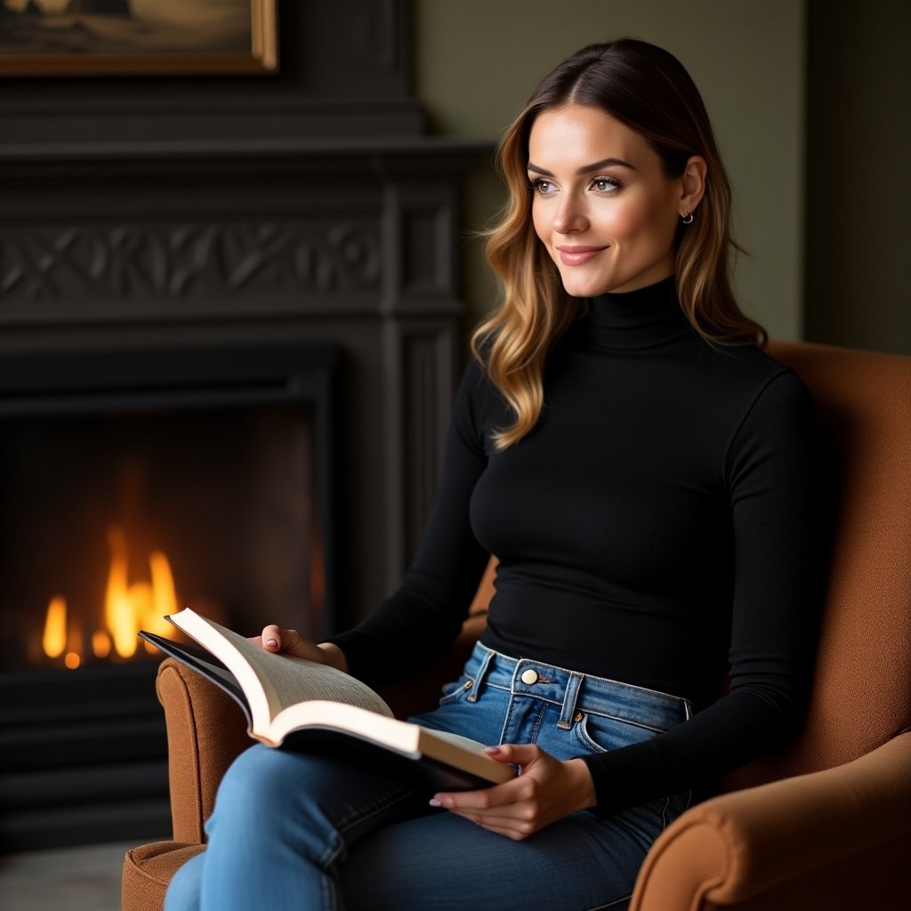 Woman in black turtleneck with blue denim sits by fireplace holding a novel. Tailored brown suit appears stylish. Neutral background enhances warmth.