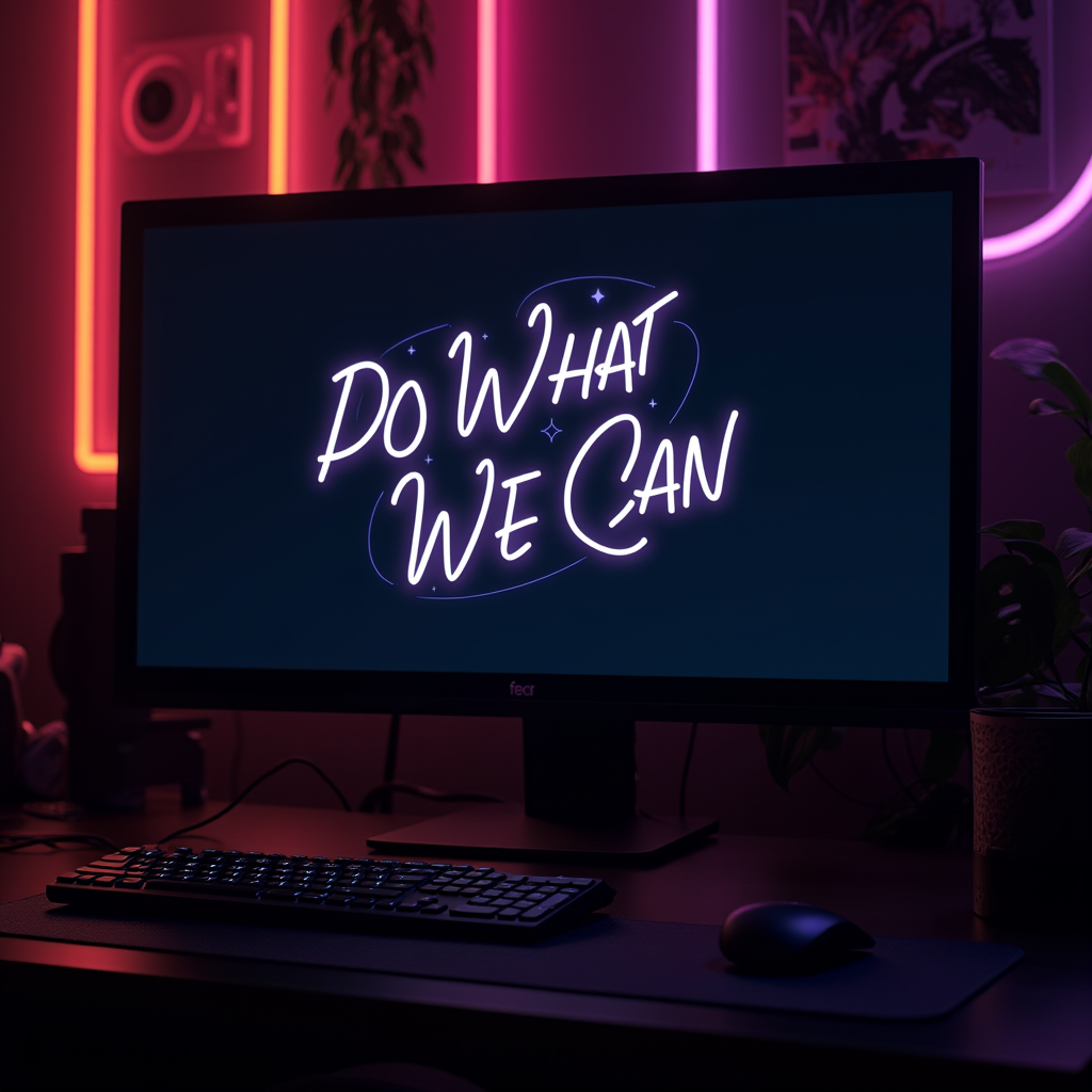 A computer screen displays the inspirational message 'Do What We Can' in neon lights, surrounded by a softly lit room with pink and purple hues.