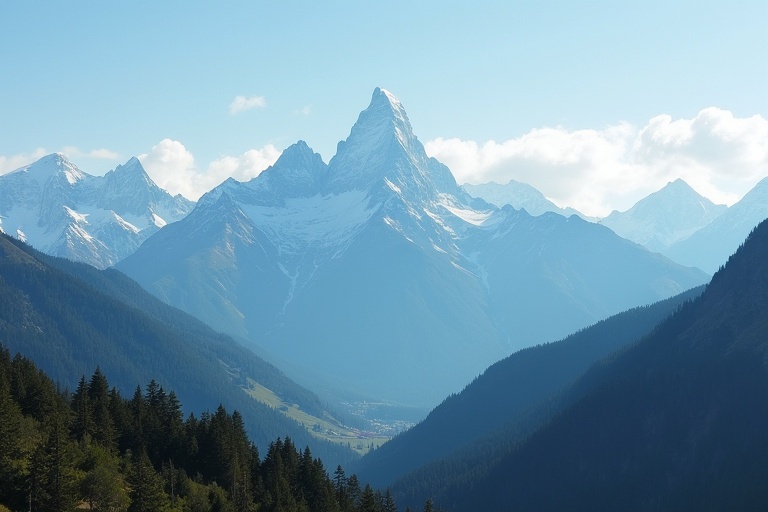 Mountain range with snow-capped peaks. Lush green forest in the foreground. Clear blue sky and distant peaks.