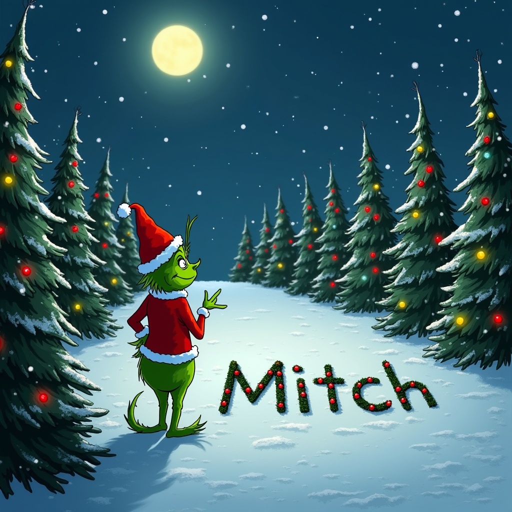 The Grinch stands outside in a winter wonderland. Snow covers the ground and Christmas trees are adorned with colorful lights. The Grinch is playfully writing the name Mitch in the snow.