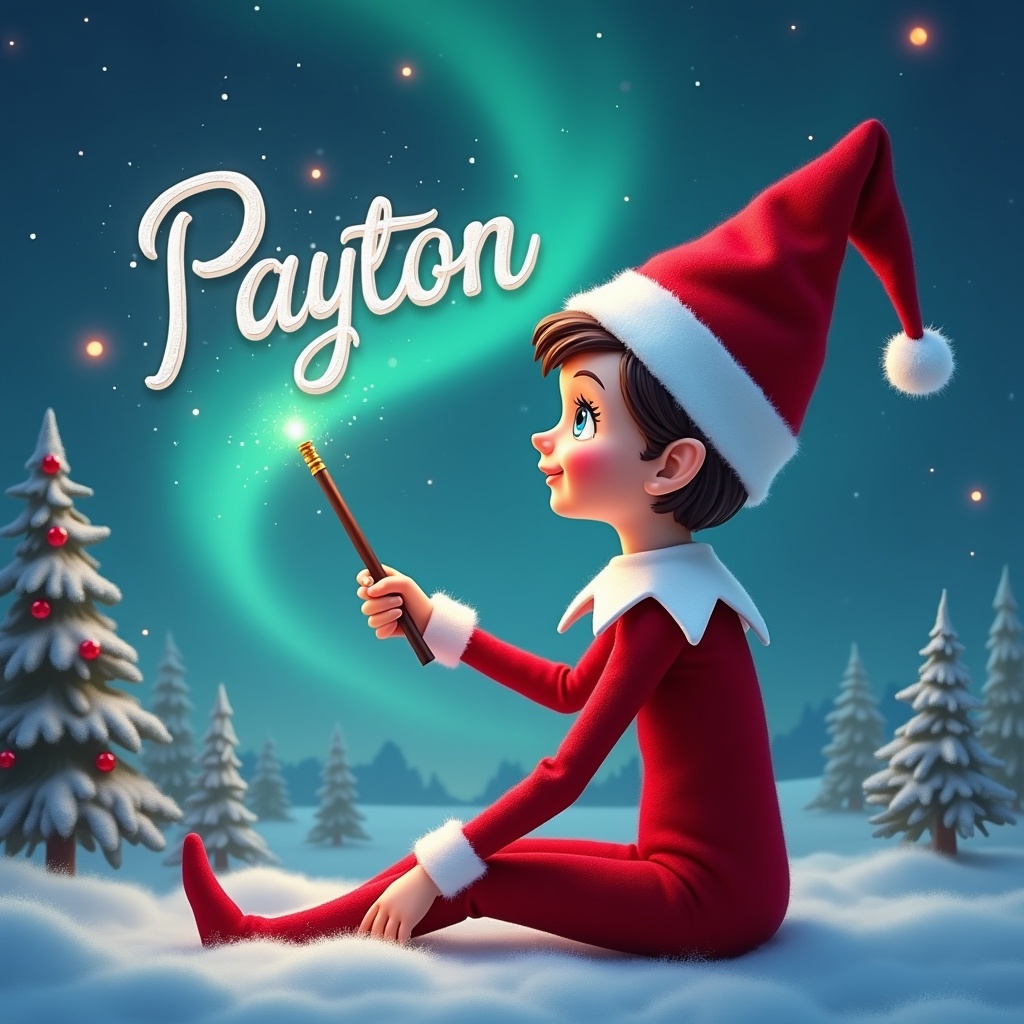 A charming illustration features a girl dressed as an elf on the shelf, with light skin, blue eyes, and brown hair. She sits amid a snowy landscape, back to the viewer, gazing up at the sky. In her hand, she holds a glowing wand, elegantly writing the name 'Payton' in the air amidst a backdrop of magical Northern Lights. Christmas trees dot the snowy terrain, adding to the festive atmosphere. The overall scene conveys a sense of wonder and holiday magic, perfect for capturing the spirit of Christmas.