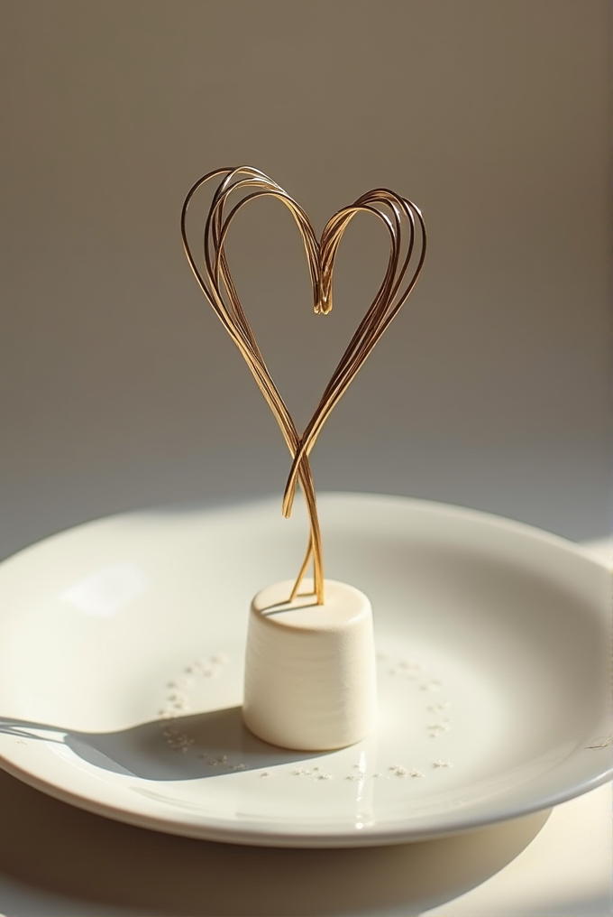 A heart-shaped sculpture made of thin golden wires stands elegantly on a white plate.