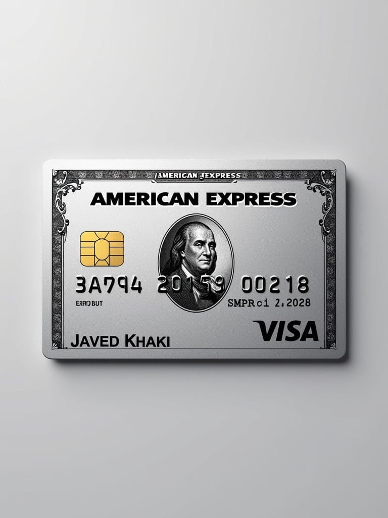 Realistic image of a platinum American Express credit card. Prominent Visa logo. Cardholder name Javed Khaki. Expiry date March 2028. Silver background. Bold black font conveys modern elegance.