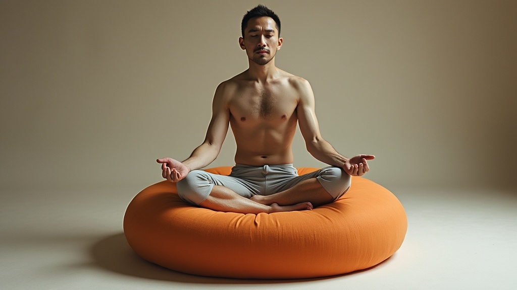 A man is seen practicing meditation while seated cross-legged on an oversized, soft orange cushion. His eyes are closed and hands are resting gently on his knees, projecting a sense of calm and tranquility. The background is neutral, focusing attention solely on the meditative pose and the contrasting color of the cushion.