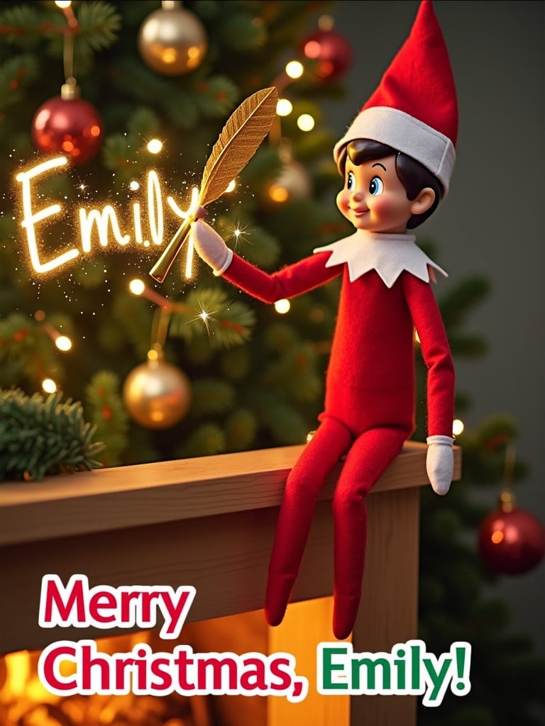 A Christmas card with an Elf on the Shelf sitting on a mantle. The elf holds a golden quill and writes the name 'Emily' in stardust while a glowing fireplace is behind. A decorated Christmas tree is in the background. The text 'Merry Christmas, Emily!' is at the bottom in red and green.