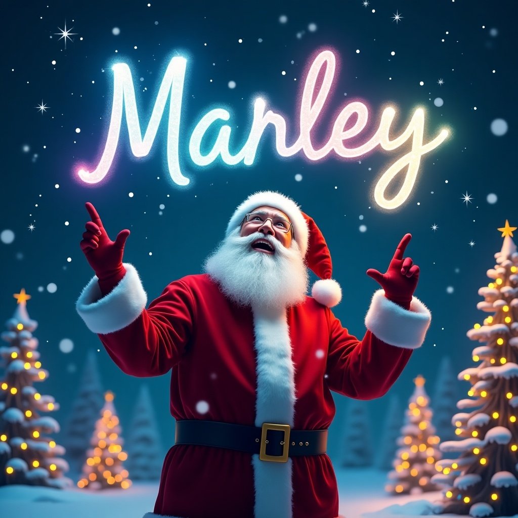 Beautiful Christmas theme featuring Santa Claus joyfully writing the name 'Marley' in the dark sky with a glow pen. Background includes twinkling Christmas trees and falling snowflakes, creating a festive mood. Santa, in his traditional red suit and white beard, looks up delightedly at his work. The colorful glow adds a magical aspect to the winter night.