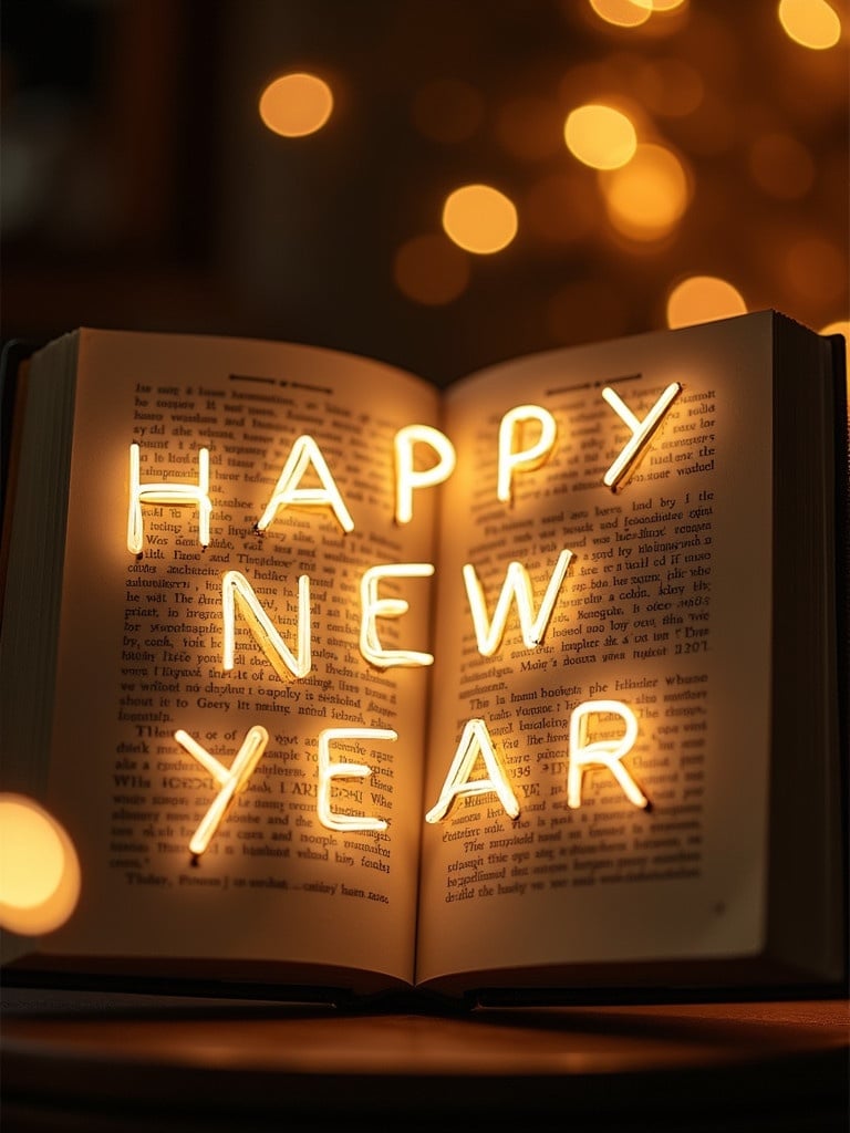 An open book with pages showing text and the words 'HAPPY NEW YEAR' illuminated in bright light. The scene includes a bokeh background with soft golden lights to evoke a festive atmosphere.