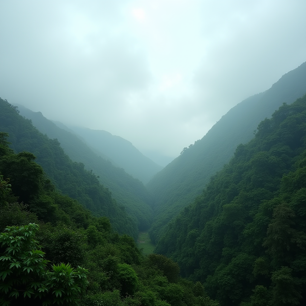 A misty valley surrounded by lush green hills.