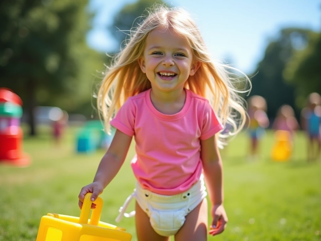 A joyful seven-year-old girl with long blond hair is running through a sunny park. She wears a cheerful pink t-shirt and a bulky diaper, while holding a bright yellow toy. Her long hair flows behind her as she smiles broadly, radiating happiness. In the background, other children are playing, although they are slightly out of focus, emphasizing her as the main subject. The scene captures a moment of carefree childhood joy in a vibrant outdoor setting.