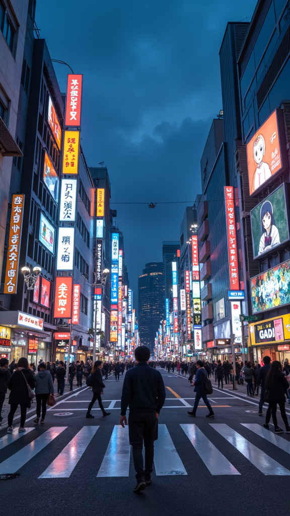 A bustling urban street is lined with tall buildings adorned with vibrant neon signs, as people cross a wide zebra crossing under a dusky sky.