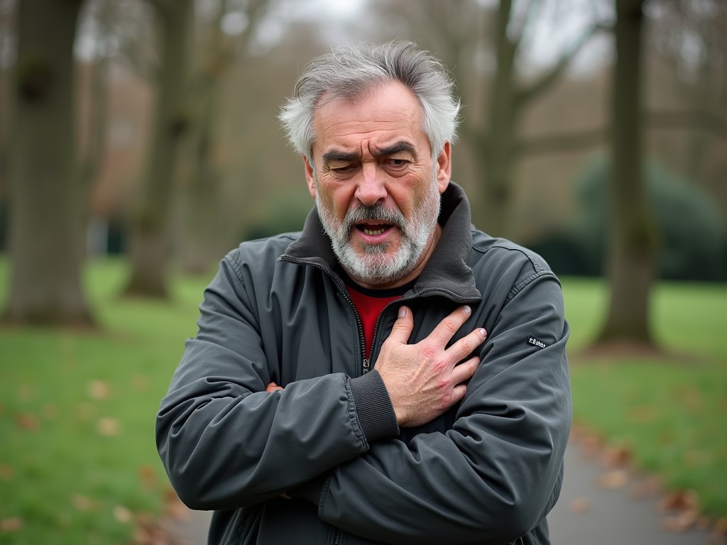 The image depicts an older man outdoors, seemingly reacting to a sudden cold breeze. He stands with hands crossed over his chest as if to shield himself from the cold, while his facial expression shows surprise and discomfort. The background is a park with bare trees, suggesting an autumn or early winter setting.