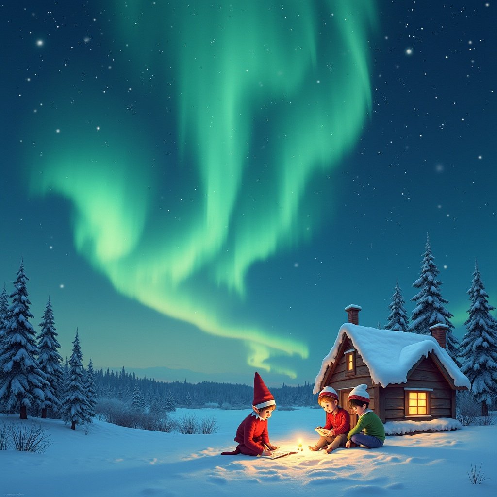 This image features a magical winter scene with three children gathered around a small campfire. They are warmly dressed and are enjoying the beauty of the snow-covered landscape. Above them, the northern lights illuminate the sky with brilliant green hues. A cozy cabin sits in the background, surrounded by tall pine trees dusted with snow. The scene evokes a sense of wonder and holiday spirit, perfect for children and families during winter festivities.