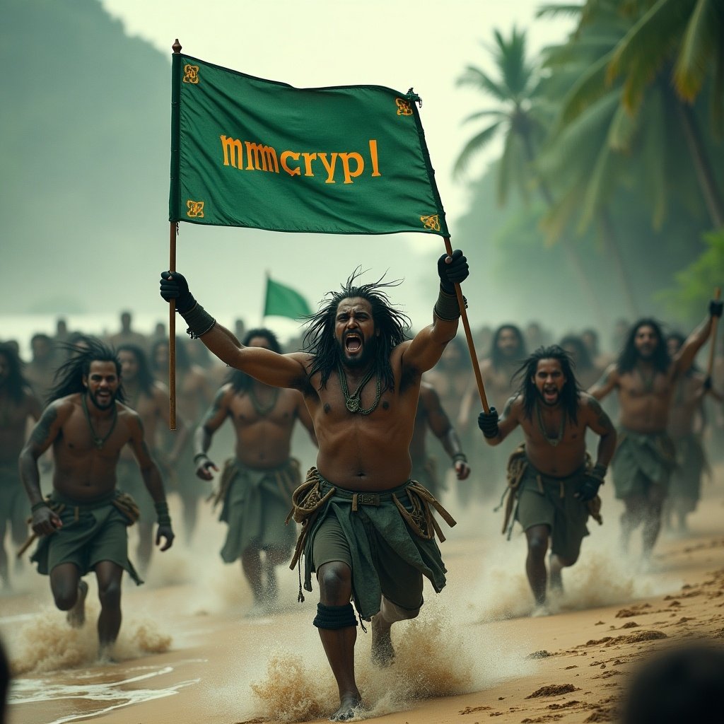 Scene of Murlock army storming a beach led by King Murlock. King holds an ESCRYPT flag. Background features a blurred jungle. Warriors display fierce emotions as they charge forward.