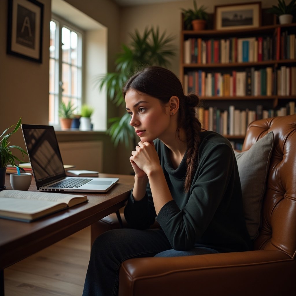 A person sitting at a wooden table with a laptop, books nearby, and a cozy armchair. Thoughtful expression present while observing the laptop screen. Bright room with plants and bookshelves in the background.