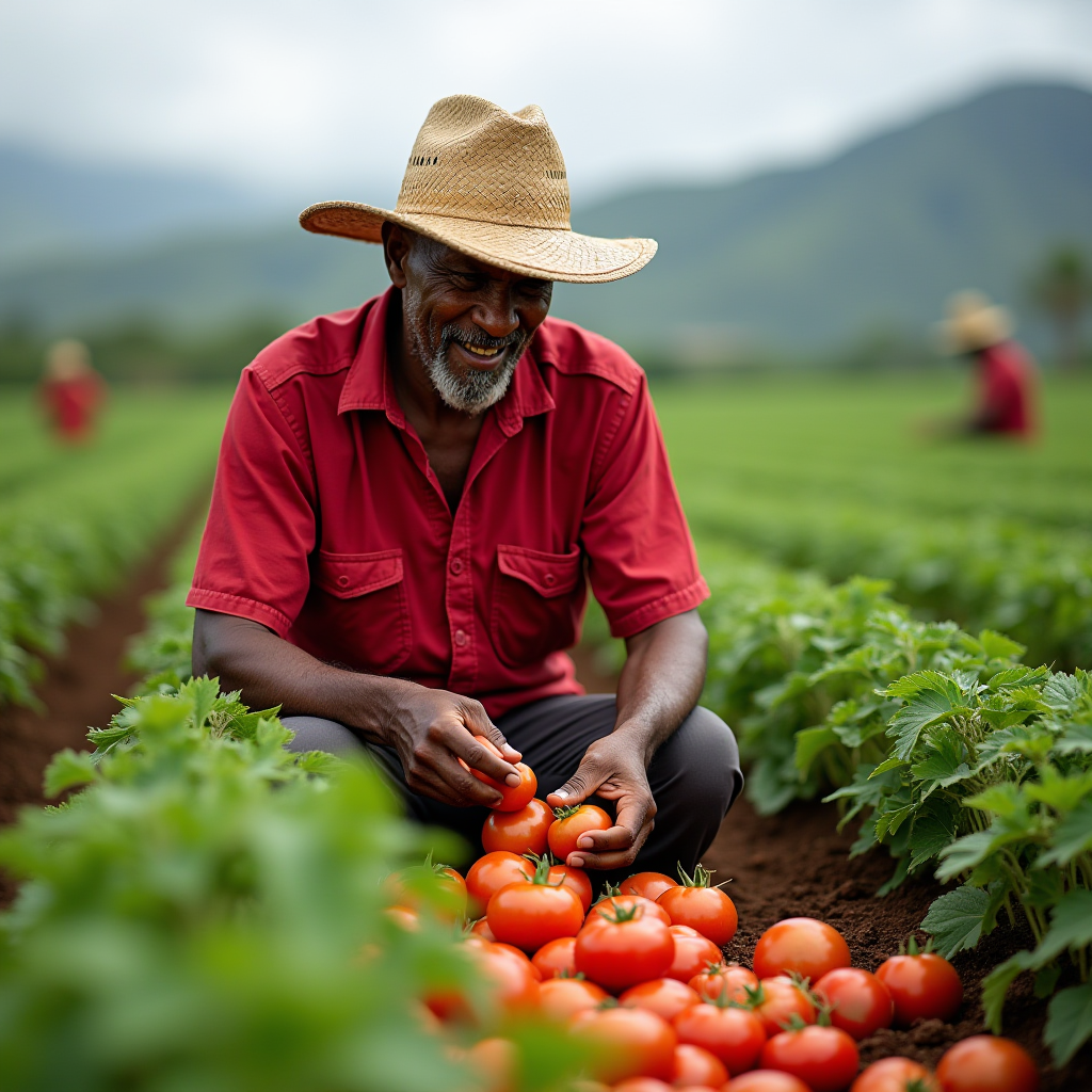 A farmer in a straw hat and red shirt happily harvests ripe tomatoes in a lush green field with mountains in the background.