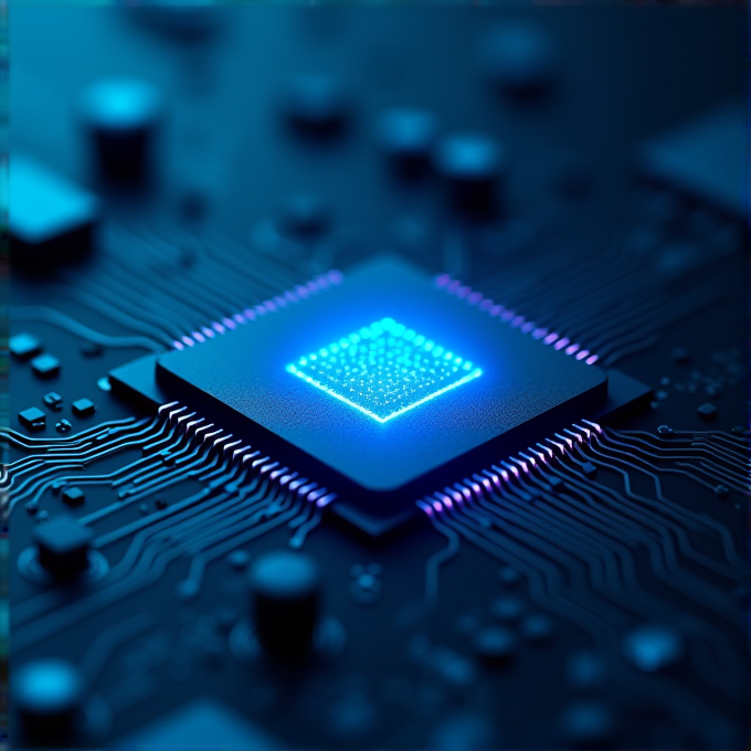 A detailed close-up of a glowing microchip on a circuit board, showcasing intricate pathways and a blue neon light effect.