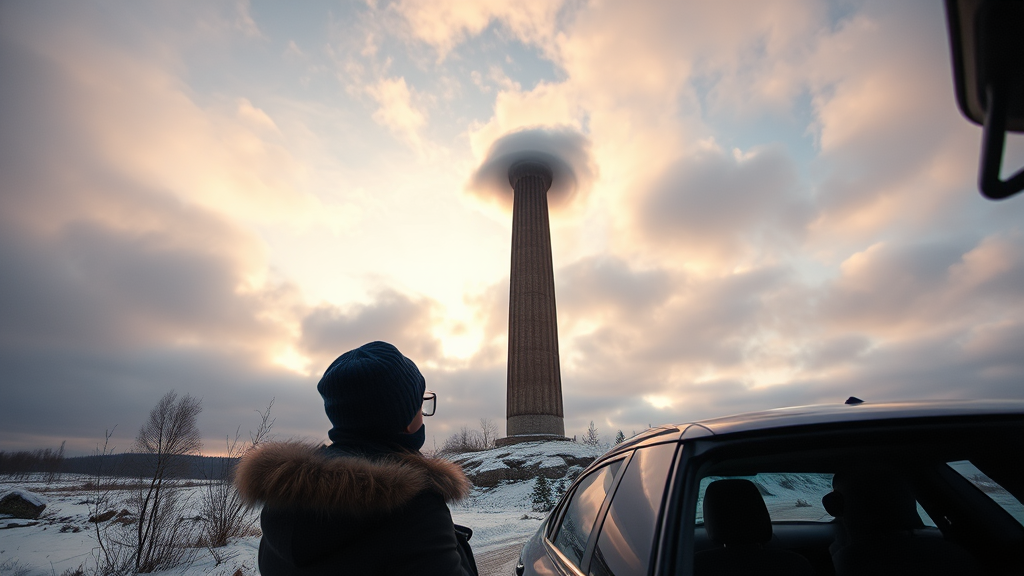 A person in winter clothing looks up at a tall tower surrounded by a circular cloud formation at its top, under a sky with dramatic clouds during twilight.