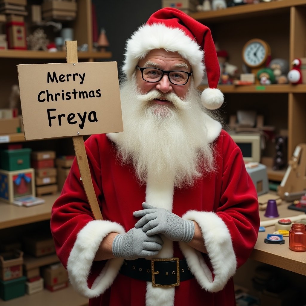 Image shows Santa Claus in workshop with toys around. He holds sign that wishes Merry Christmas to Freya. Includes typical holiday decorations.