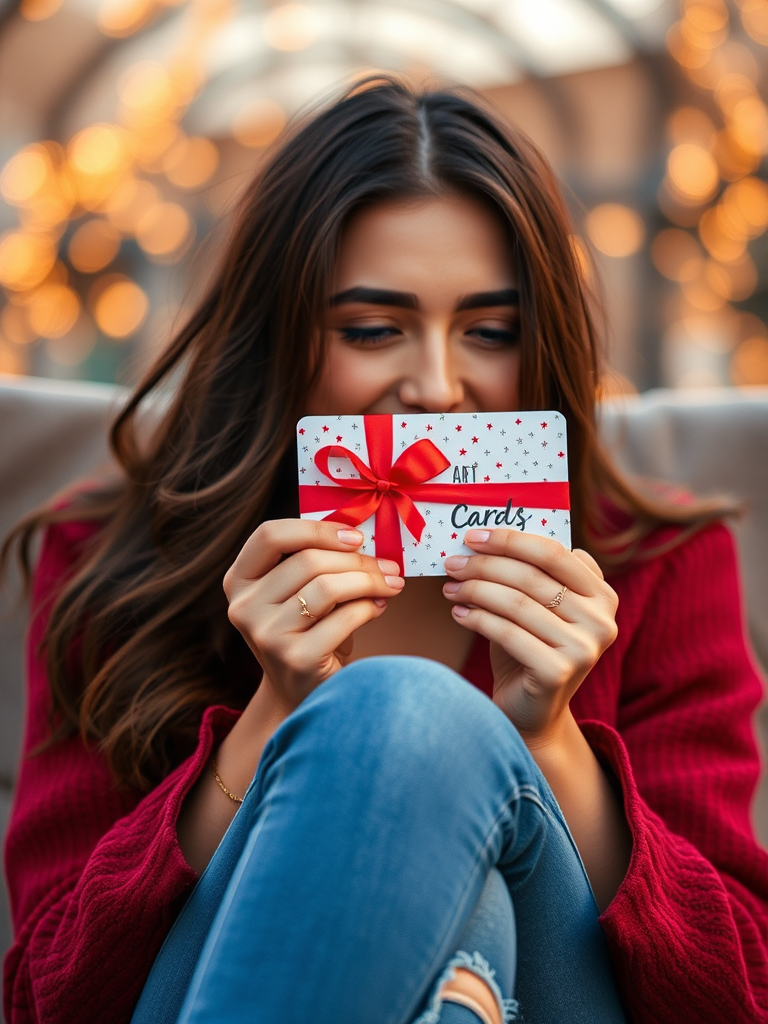 A woman happily holds a card wrapped with a red ribbon.