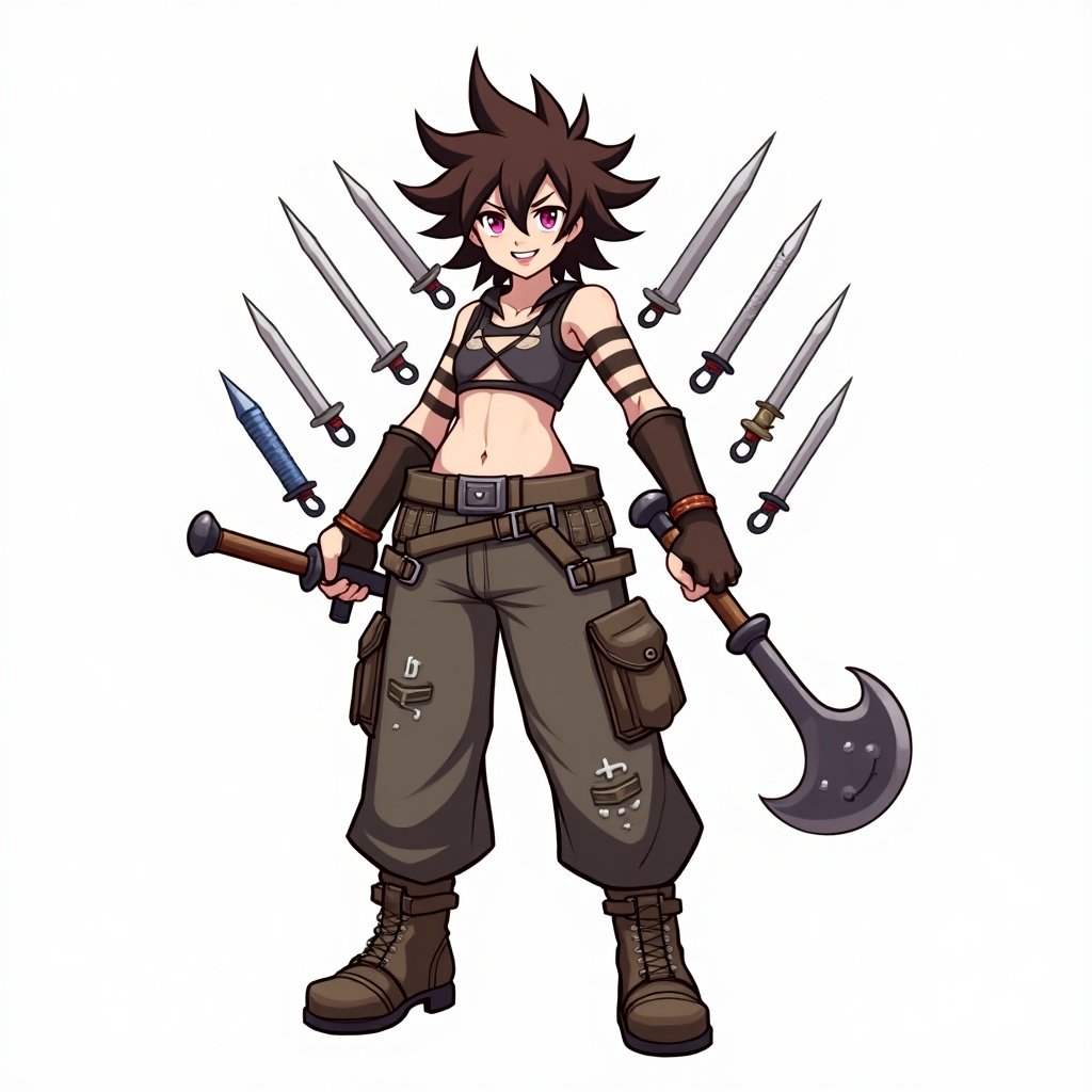 Character with brown, black and red stripes hair. One pink eye and one blue eye. Smiling expression. Wearing detailed cargo pants. Holding various weapons. Designed with fantasy themes.