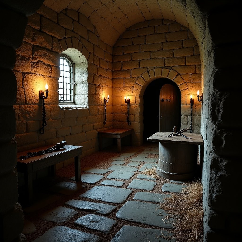 Interior of a dungeon with stone walls and wooden elements. Low lighting creates a mysterious atmosphere. Contains tables with tools and hay.