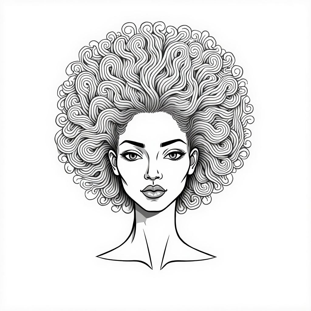 Line art illustration of a woman with an afro hairstyle. The illustration is monochromatic, focusing on the details of the hair and the facial features.