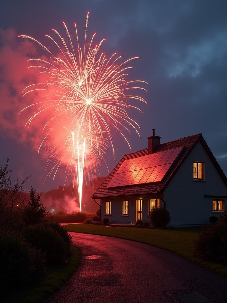 New home with solar panels in Ireland. New Year celebration with vibrant fireworks in the background. Nighttime setting with warm lights from the house. Scenic landscape leading up to the house.