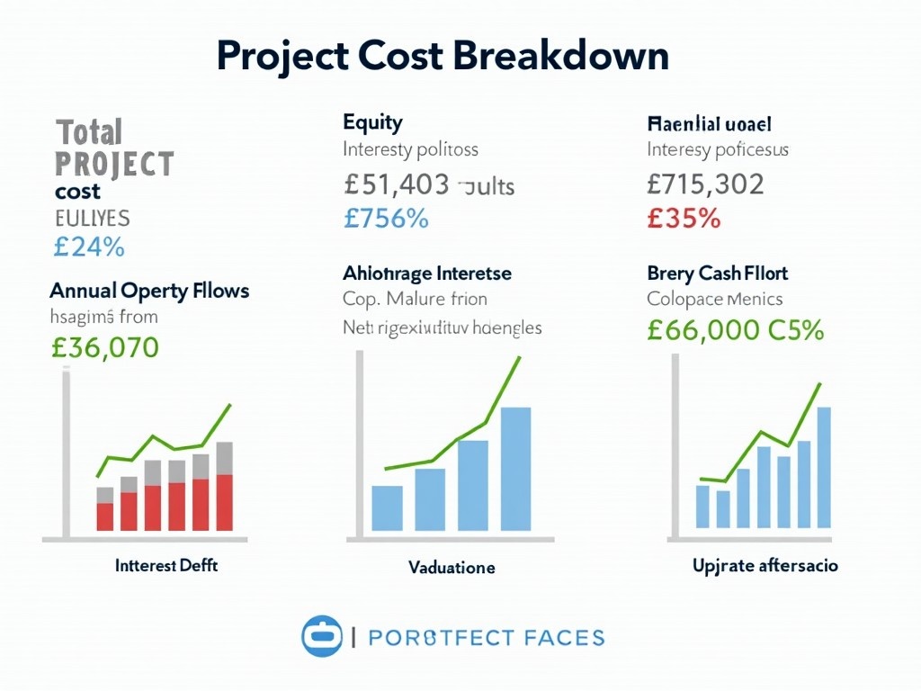 This image presents a project cost breakdown for a financial report. It showcases the total project cost segmented into equity and bank debt. The graph illustrates annual operating expenses and administrative expenses clearly. Additional insights on cash flow and revenue are highlighted for clarity. Overall, it's designed for financial professionals and project managers to utilize in presentations.