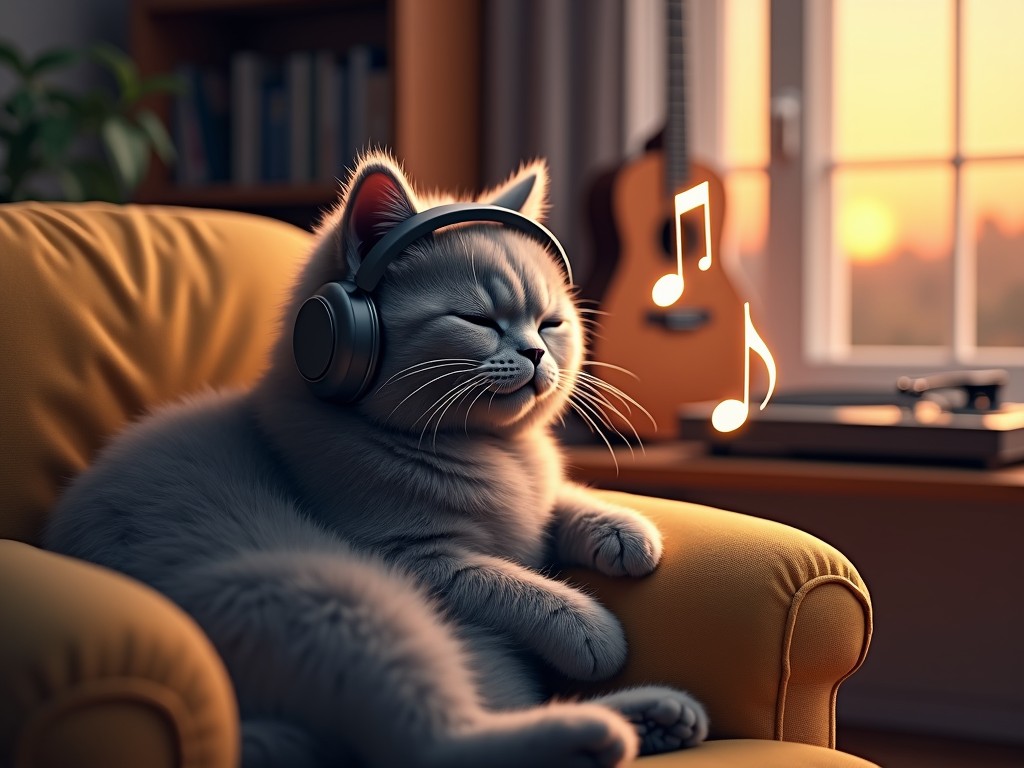 A cute cat sitting on a cozy armchair wearing headphones, listening to music with visible musical notes around. A sunset view through the window and a guitar in the background.