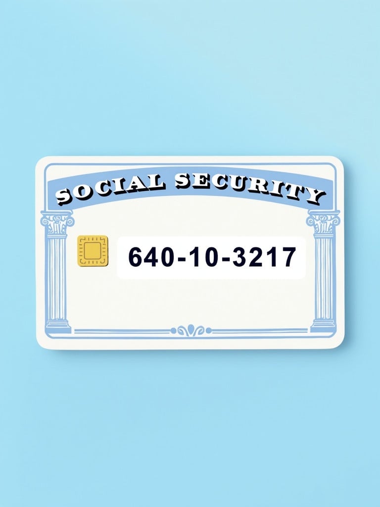 Generic social security card displayed on soft blue background. Prominent text 'SOCIAL SECURITY' at top. Numbers '640-10-3217' shown clearly. Graphic chip included on the card. Decorative elements signify official status. Clean and professional design underlines importance.